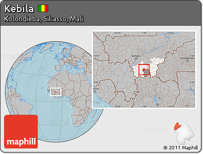 Gray Location Map of Kebila, highlighted parent region, highlighted grandparent region, hill shading