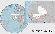 Gray Location Map of MPessoba, highlighted country, highlighted parent region, within the entire country, hill shading