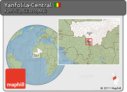 Savanna Style Location Map of Yanfolila-Central, highlighted country, highlighted parent region, hill shading