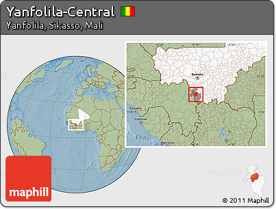 Savanna Style Location Map of Yanfolila-Central, highlighted country, highlighted parent region, hill shading