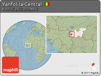 Savanna Style Location Map of Yanfolila-Central, highlighted grandparent region, hill shading