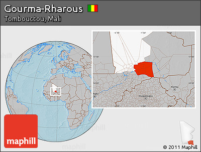 Gray Location Map of Gourma-Rharous, highlighted parent region, hill shading