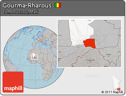 Gray Location Map of Gourma-Rharous, highlighted parent region, hill shading