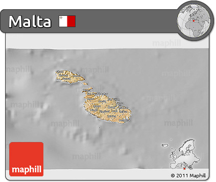 Satellite 3D Map of Malta, lighten, desaturated