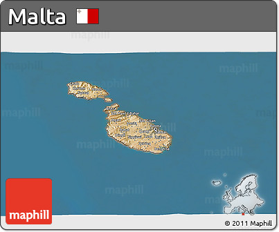Satellite 3D Map of Malta, lighten, semi-desaturated, land only