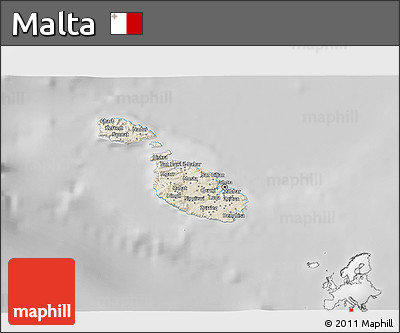 Shaded Relief 3D Map of Malta, desaturated