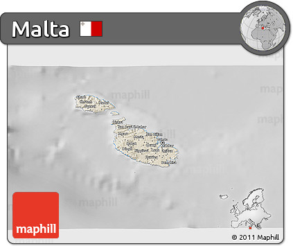Shaded Relief 3D Map of Malta, desaturated