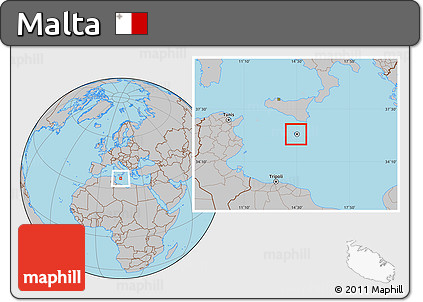 Gray Location Map of Malta, hill shading inside