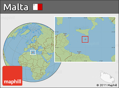 Gray Location Map of Malta, savanna style outside, hill shading inside