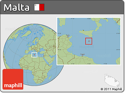 Gray Location Map of Malta, savanna style outside, hill shading inside