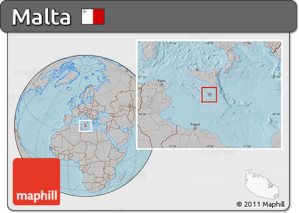 Satellite Location Map of Malta, gray outside, hill shading