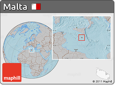 Satellite Location Map of Malta, gray outside, hill shading