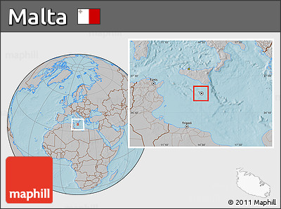 Satellite Location Map of Malta, gray outside, hill shading