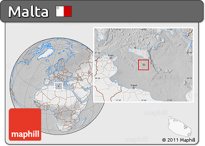 Satellite Location Map of Malta, lighten, desaturated