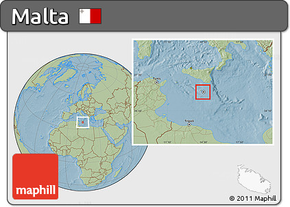 Satellite Location Map of Malta, savanna style outside, hill shading