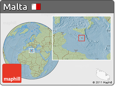 Satellite Location Map of Malta, savanna style outside, hill shading