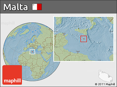 Satellite Location Map of Malta, savanna style outside, hill shading