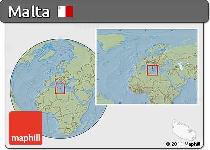 Savanna Style Location Map of Malta, within the entire continent, hill shading