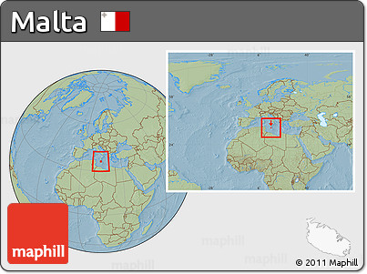 Savanna Style Location Map of Malta, within the entire continent, hill shading