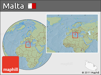 Savanna Style Location Map of Malta, within the entire continent, hill shading