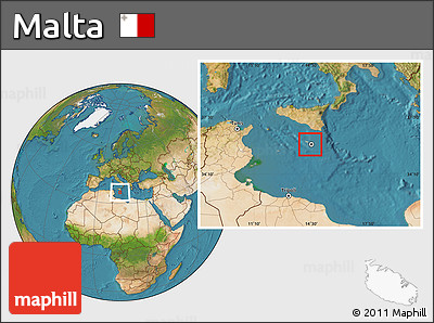 Savanna Style Location Map of Malta, satellite outside, hill shading