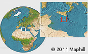 Savanna Style Location Map of Malta, satellite outside, hill shading