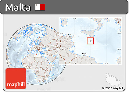 Shaded Relief Location Map of Malta, lighten, semi-desaturated