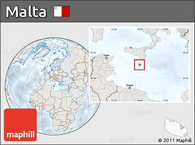 Shaded Relief Location Map of Malta, lighten, semi-desaturated