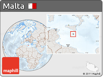 Shaded Relief Location Map of Malta, lighten, semi-desaturated