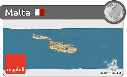 Satellite Panoramic Map of Malta, lighten, desaturated, land only