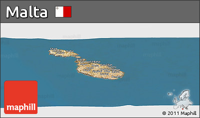 Satellite Panoramic Map of Malta, lighten, desaturated, land only