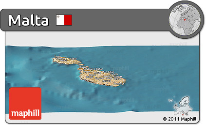 Satellite Panoramic Map of Malta, shaded relief outside, satellite sea