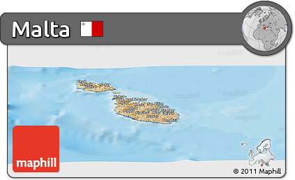 Satellite Panoramic Map of Malta, single color outside, bathymetry sea, shaded relief sea