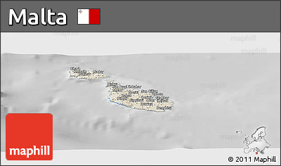 Shaded Relief Panoramic Map of Malta, desaturated