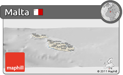 Shaded Relief Panoramic Map of Malta, desaturated