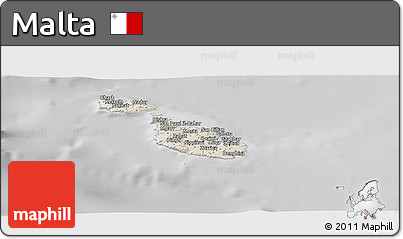 Shaded Relief Panoramic Map of Malta, desaturated