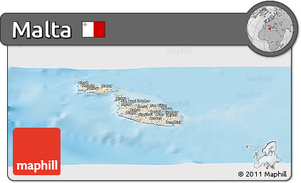 Shaded Relief Panoramic Map of Malta, semi-desaturated, land only