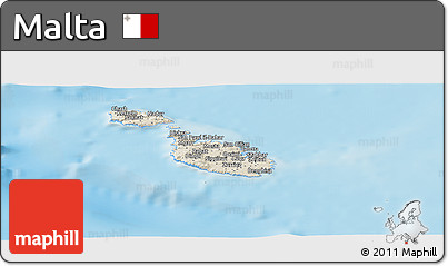 Shaded Relief Panoramic Map of Malta, semi-desaturated, land only