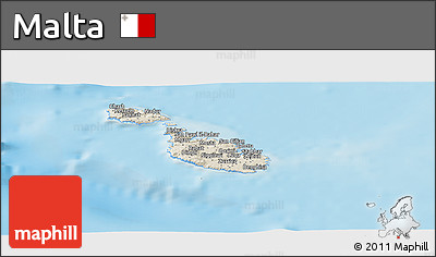 Shaded Relief Panoramic Map of Malta, semi-desaturated, land only