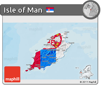 Flag 3D Map of Isle of Man, political shades outside, flag aligned to the middle