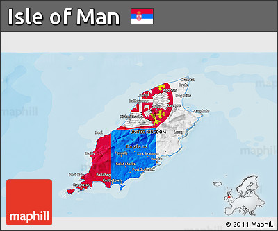 Flag 3D Map of Isle of Man, political shades outside, flag aligned to the middle