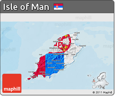 Flag 3D Map of Isle of Man, political shades outside, flag aligned to the middle