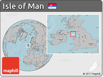 Blank Location Map of Isle of Man, gray outside, hill shading outside