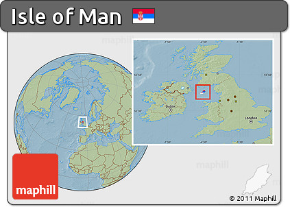 Flag Location Map of Isle of Man, savanna style outside, hill shading outside