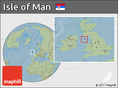 Flag Location Map of Isle of Man, savanna style outside, hill shading outside