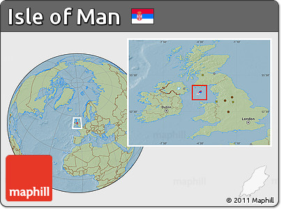 Flag Location Map of Isle of Man, savanna style outside, hill shading outside