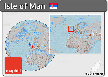 Gray Location Map of Isle of Man, within the entire continent, hill shading