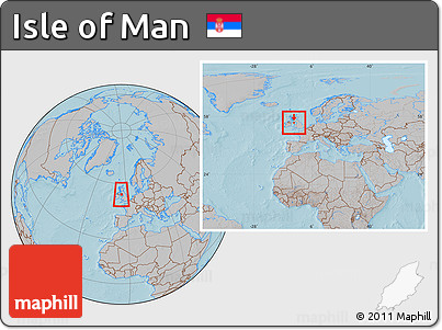 Gray Location Map of Isle of Man, within the entire continent, hill shading
