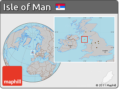 Savanna Style Location Map of Isle of Man, gray outside, hill shading inside