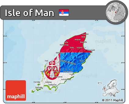 Flag Map of Isle of Man, physical outside, bathymetry sea, flag centered